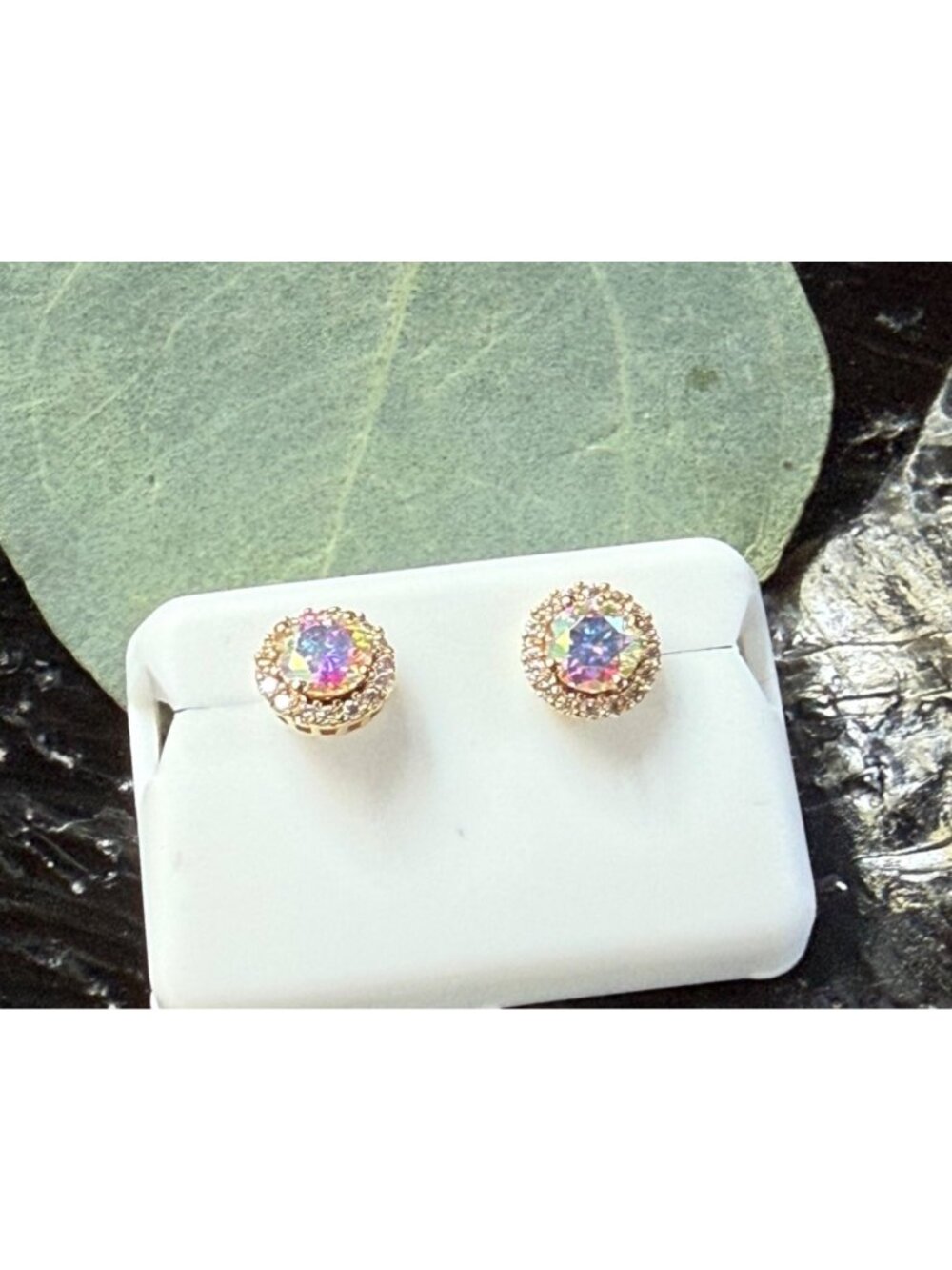 10K Solid Yellow Gold 1.5ctw Rainbow AB Moissanite Center and Halo Stud Earrings